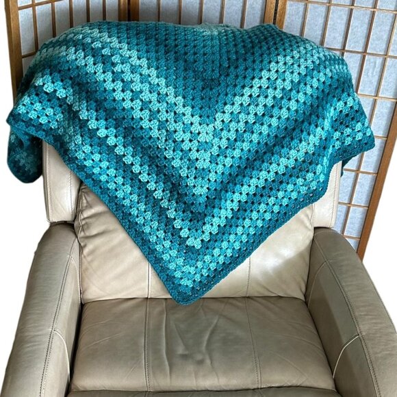 Handmade Crochet Teal Blue Green Throw Blanket - Picture 5 of 12
